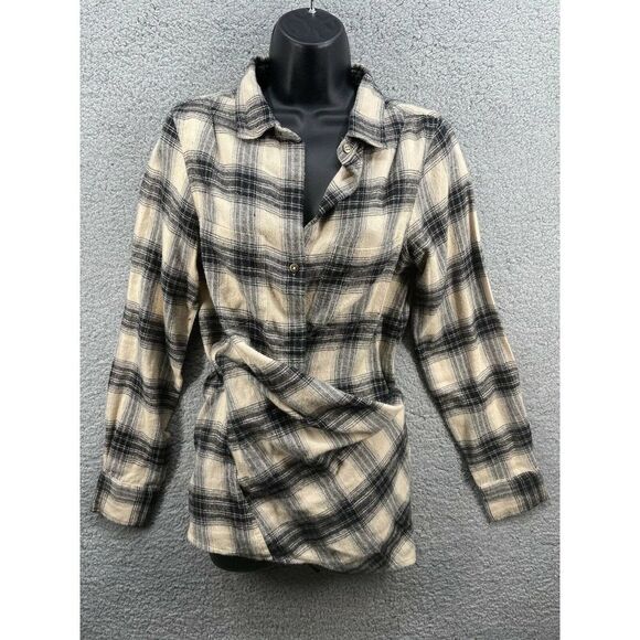 Nicholas K Roux Flannel Black Beige Check Wrap Blouse Size Small New - Picture 1 of 6